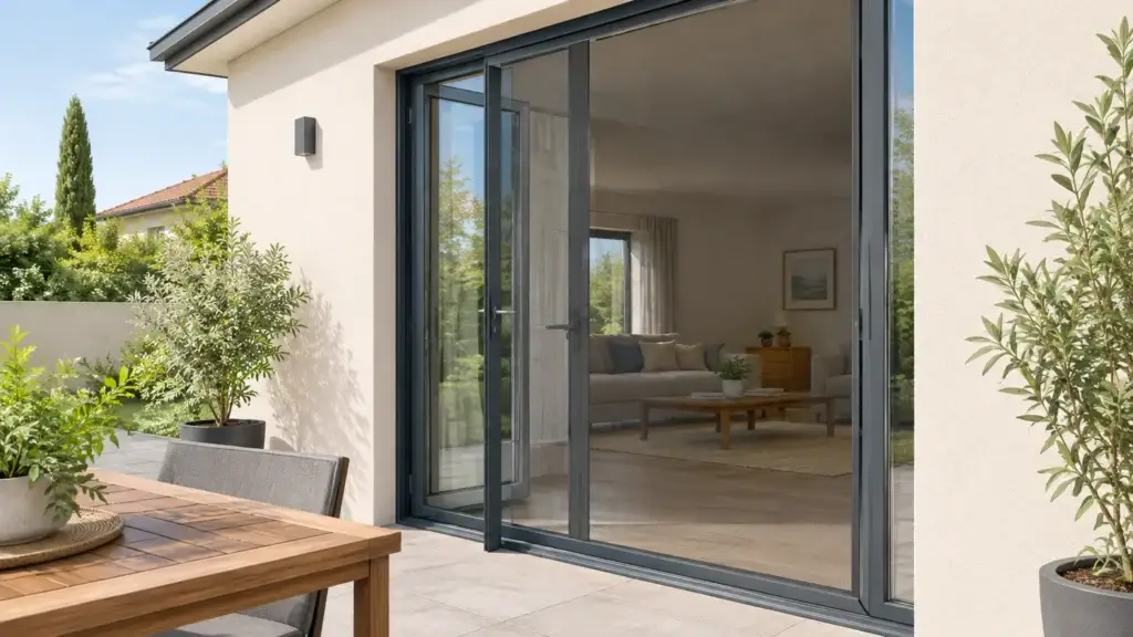 Une porte-fenêtre ouverte équipée d’une moustiquaire discrète