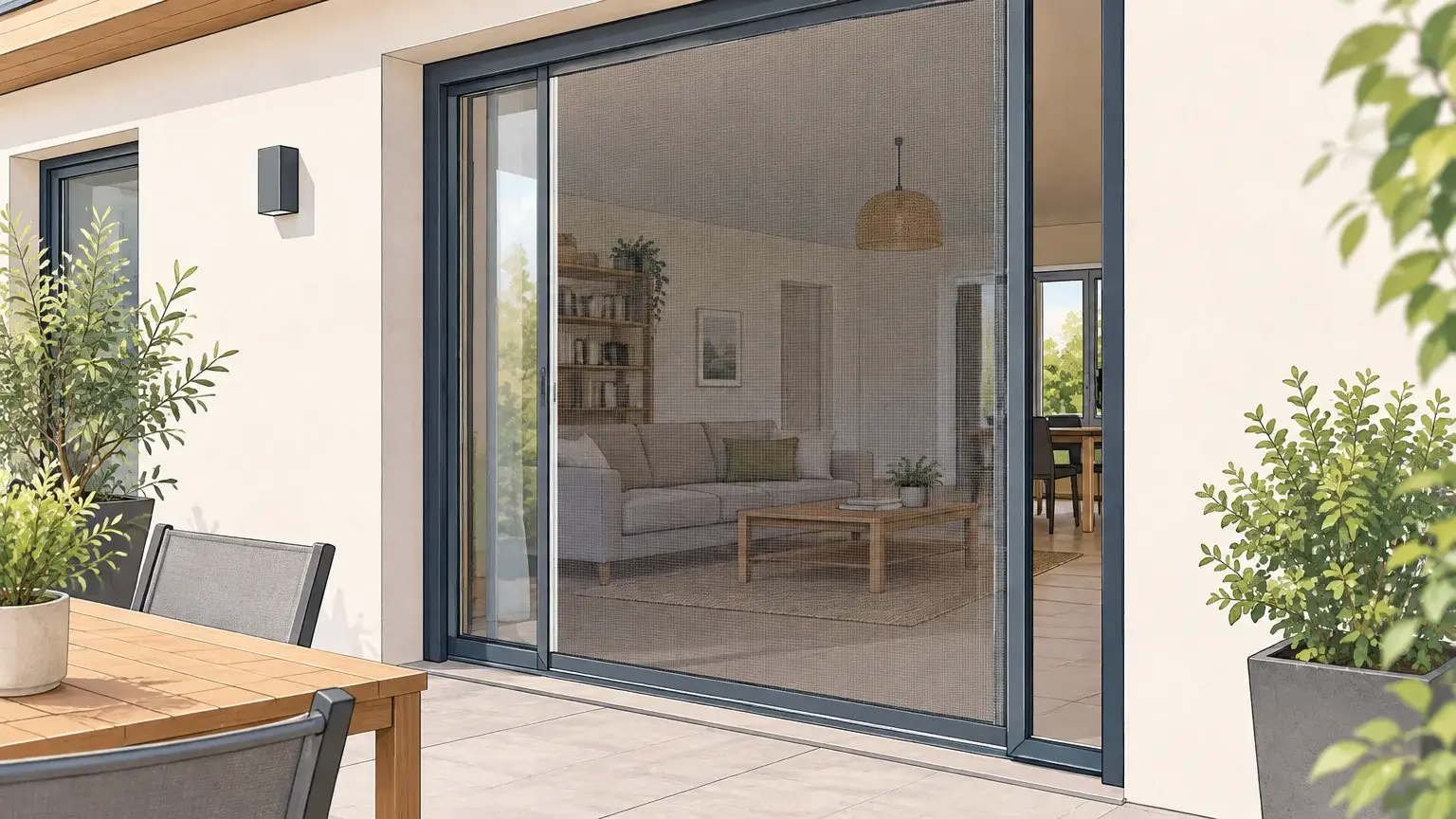 Une porte-fenêtre ouverte équipée d’une moustiquaire discrète