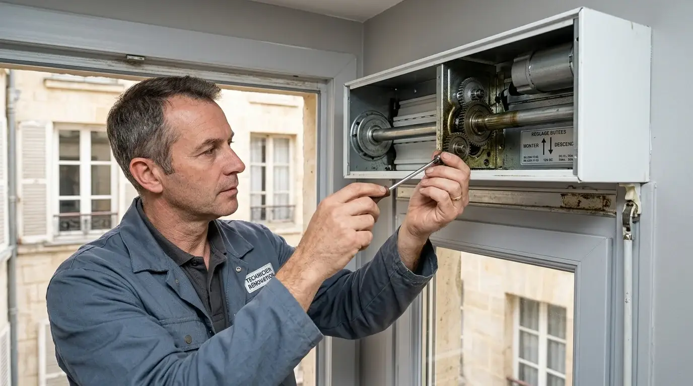 Technicien inspectant le mécanisme d'un volet roulant