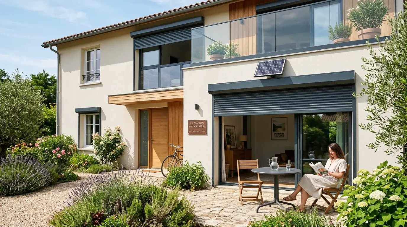 Façade de maison avec volets roulants solaires motorisés