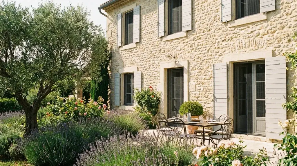 Maison française avec moustiquaires installées sur les fenêtres en été