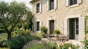 Maison française avec moustiquaires installées sur les fenêtres en été