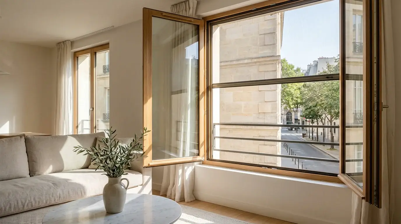 Moustiquaire enroulable installée sur une fenêtre dans un intérieur moderne et lumineux