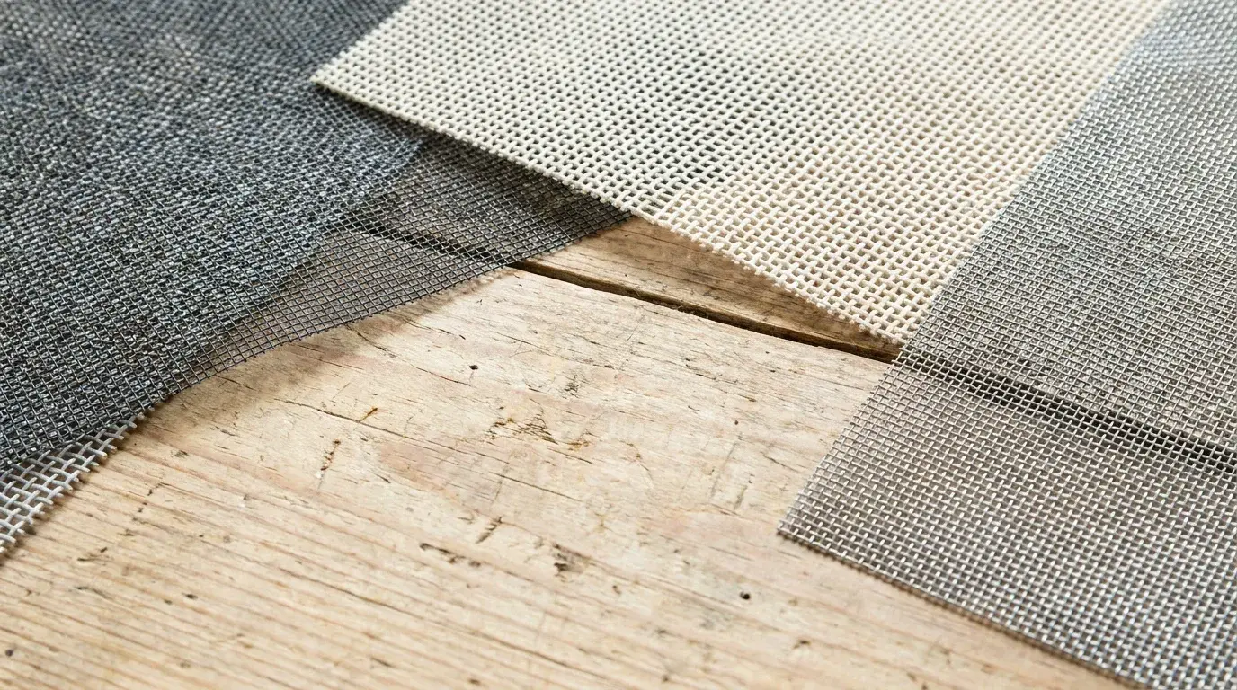 Échantillons de toiles moustiquaires en fibre de verre, polyester et aluminium sur une surface en bois
