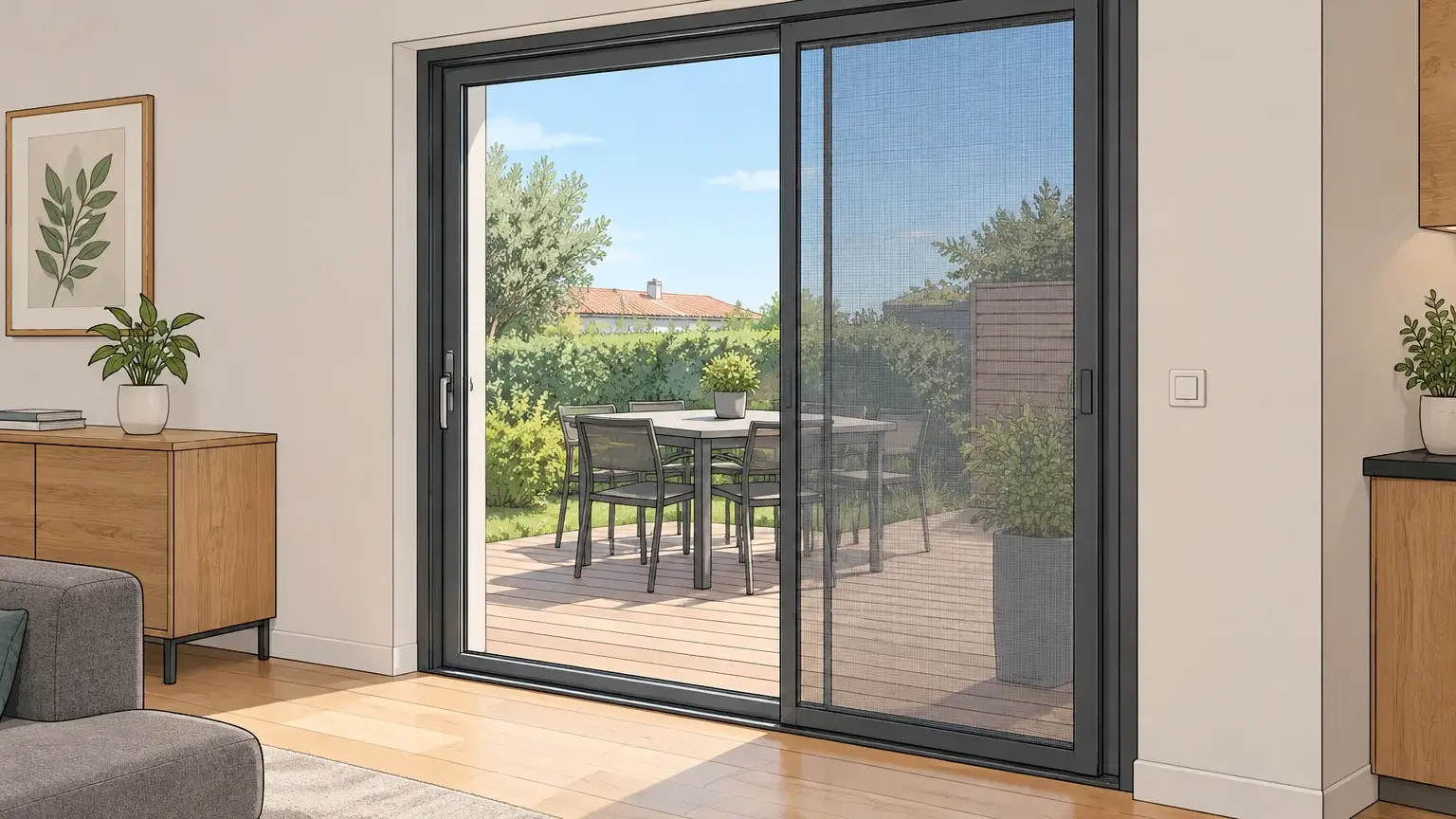 Moustiquaire coulissante installée sur une porte-fenêtre donnant sur une terrasse