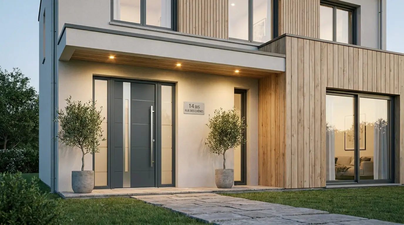 Porte d'entrée en PVC gris anthracite sur une maison contemporaine