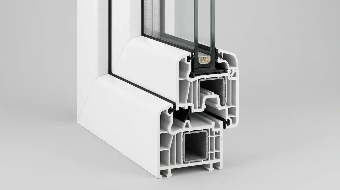 Coupe transversale d'un profilé de fenêtre PVC blanc montrant les chambres d'isolation