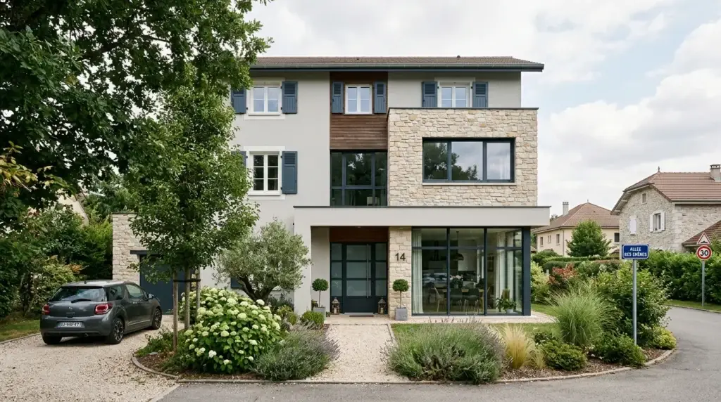 Façade de maison moderne équipée de fenêtres en aluminium et en PVC