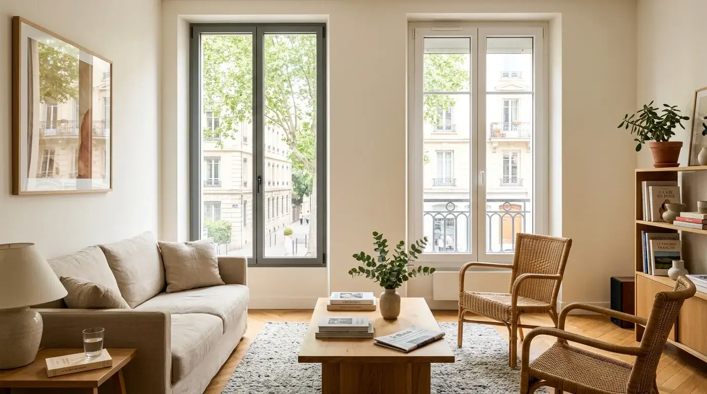 Comparaison entre une fenêtre aluminium à profilé fin et une fenêtre PVC dans un salon lumineux