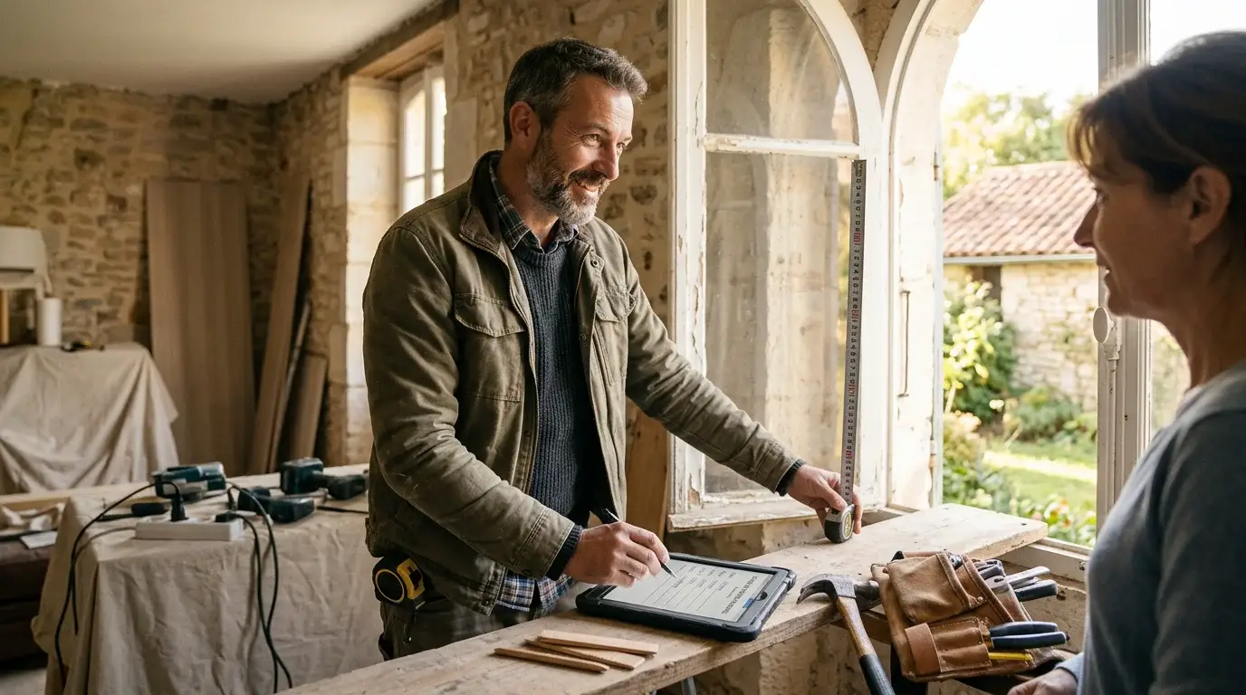 Installateur mesurant une fenêtre lors d'un chantier de rénovation en France