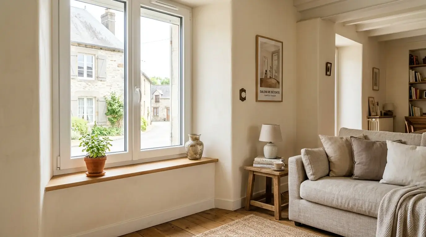 Fenêtre PVC double vitrage installée dans un salon rénové
