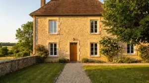 Maison rénovée avec fenêtres PVC blanches sur façade en pierre en France