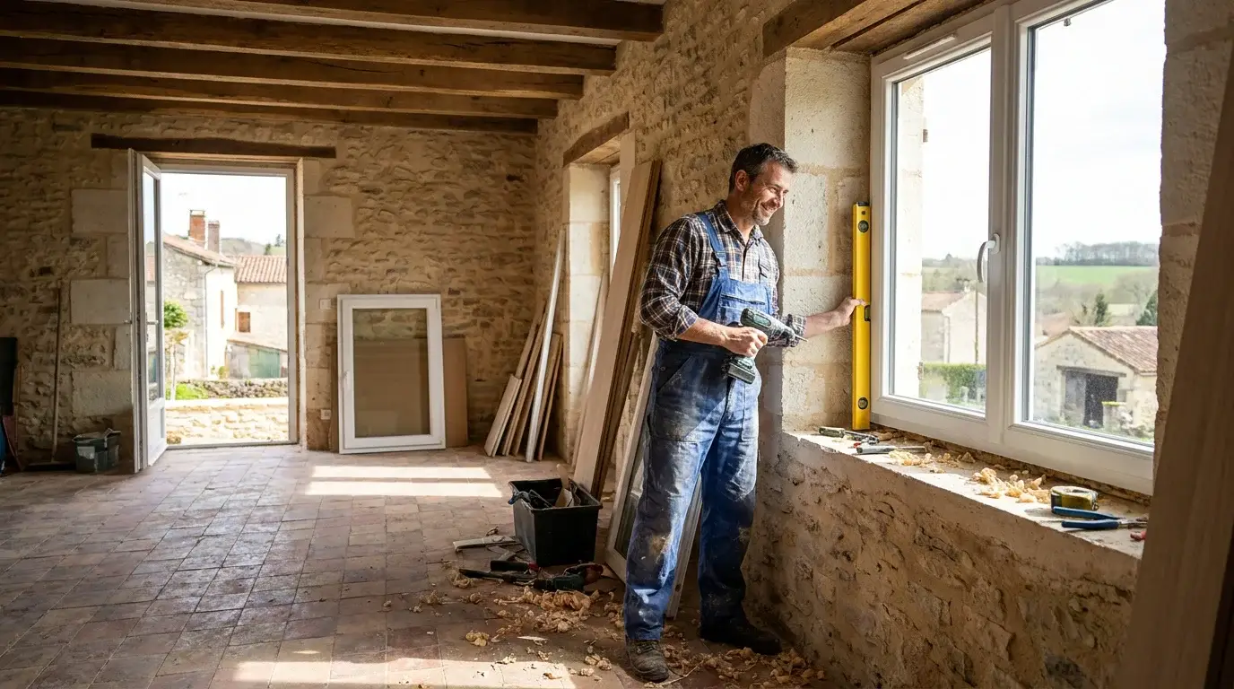 Artisan menuisier installant une fenêtre PVC dans une maison en rénovation en France