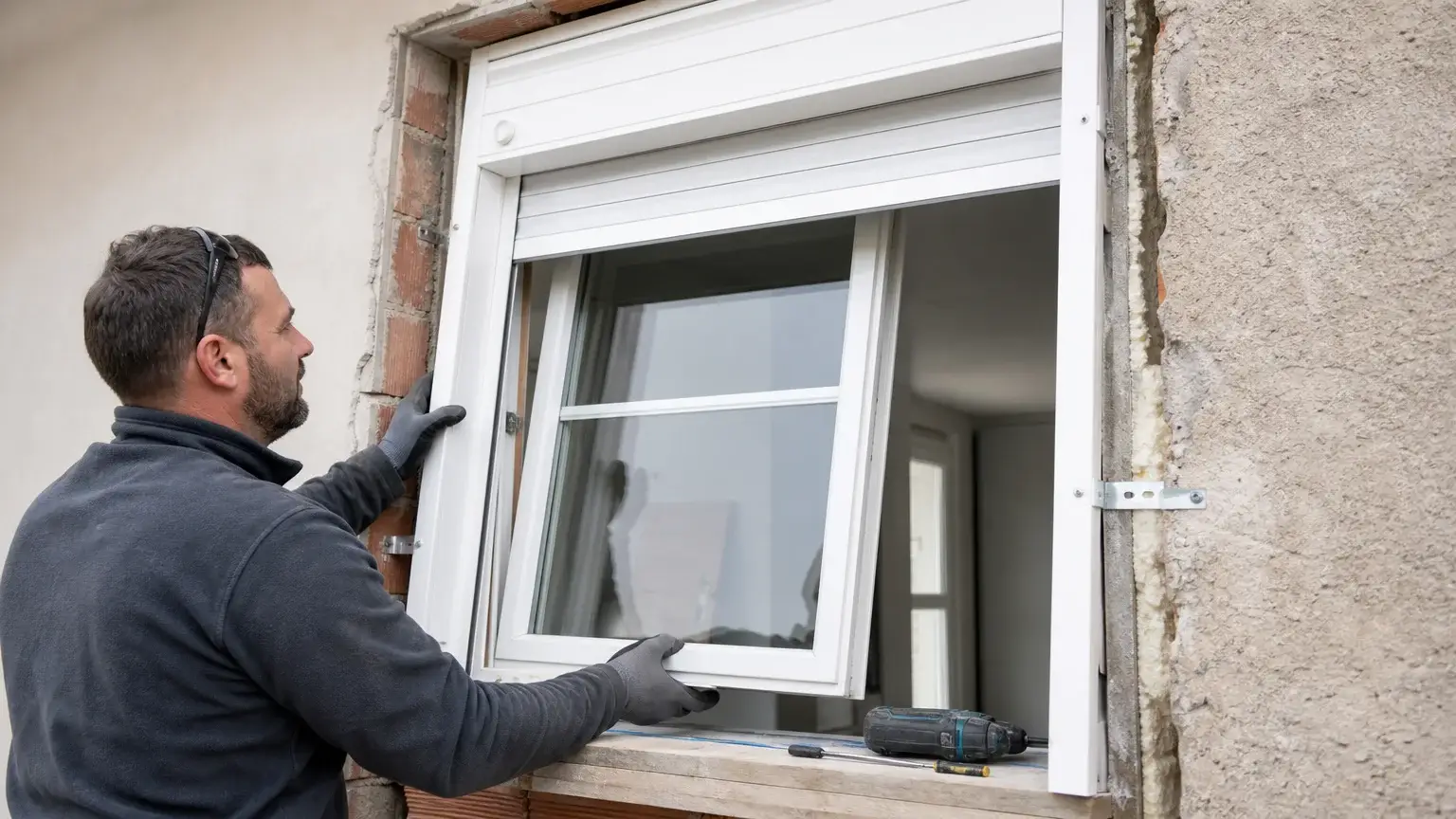 Pose d’une fenêtre PVC avec coffre de volet roulant intégré dans une ouverture en rénovation
