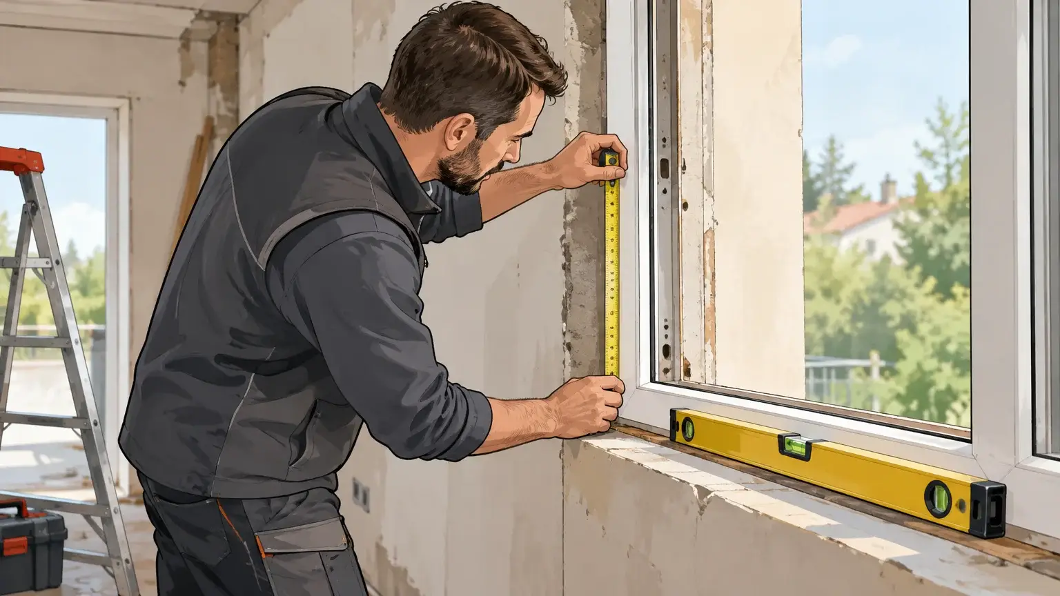 Un artisan vérifie le dormant d’une fenêtre avant sa pose en rénovation