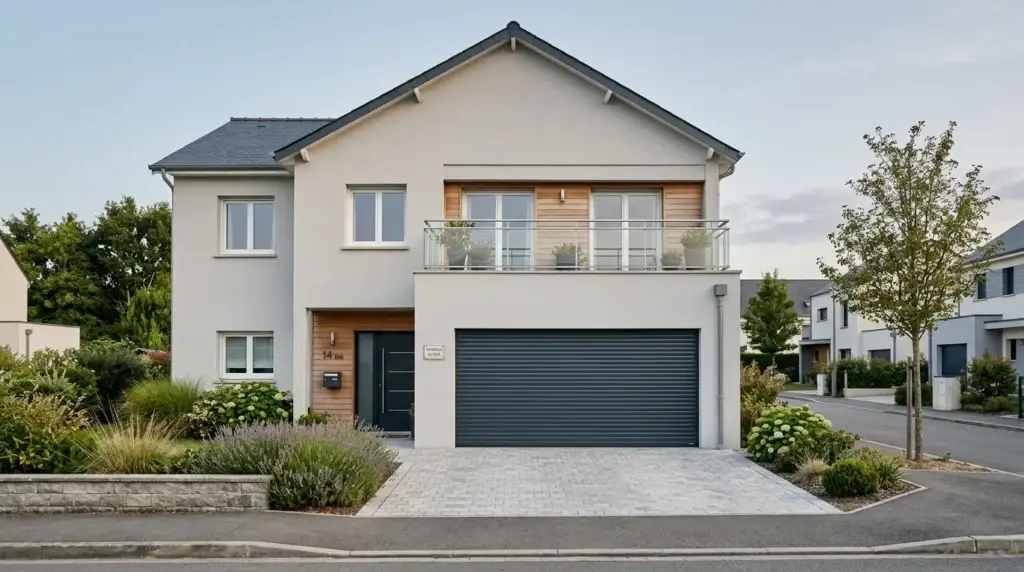 Porte de garage enroulable en aluminium anthracite sur une façade de maison