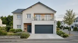 Porte de garage enroulable en aluminium anthracite sur une façade de maison