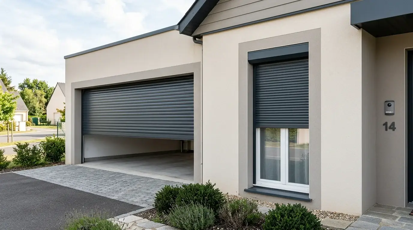 Comparaison entre une porte de garage enroulable et un volet roulant sur une façade de maison