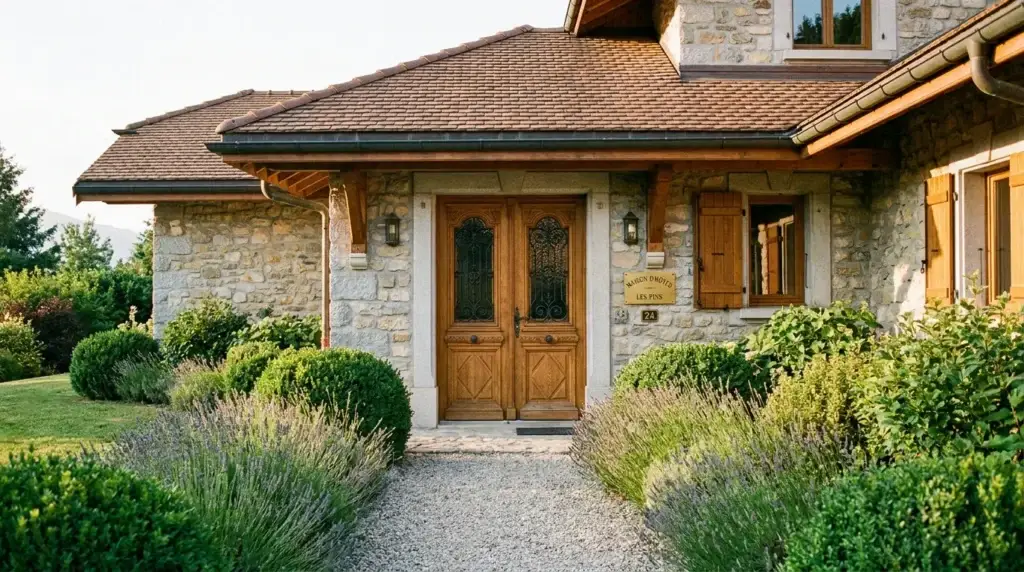 Entrée de maison résidentielle française avec porte d'entrée élégante à deux vantaux