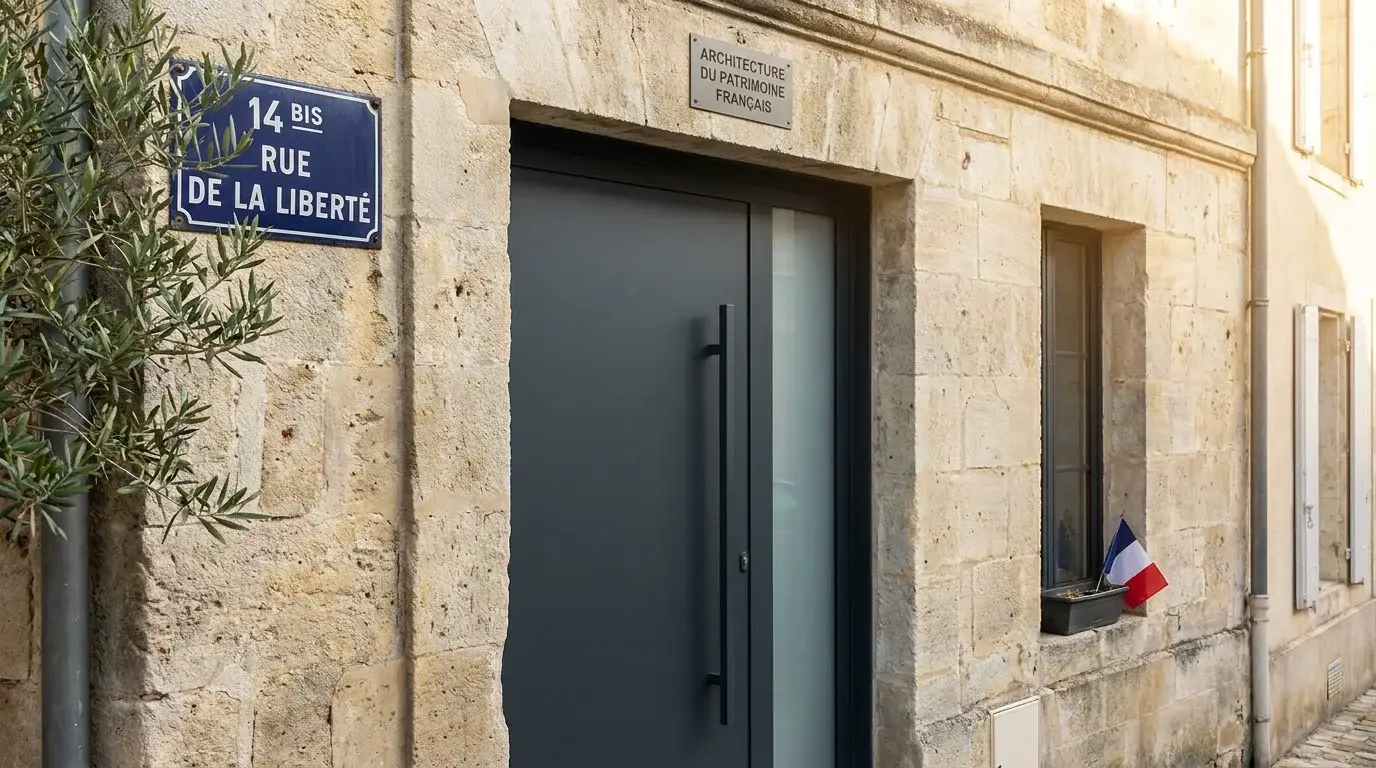 Porte d'entrée contemporaine en aluminium gris anthracite posée sur une façade en pierre