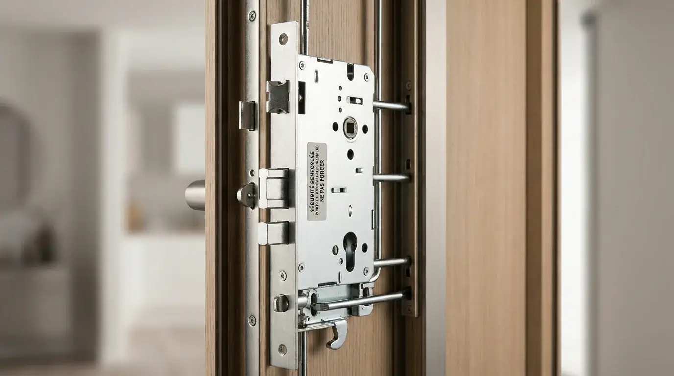Détail d'une serrure multipoints sur une porte d'entrée moderne