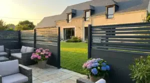 Brise vue moderne en composite et aluminium installé dans un jardin résidentiel de la région stéphanoise