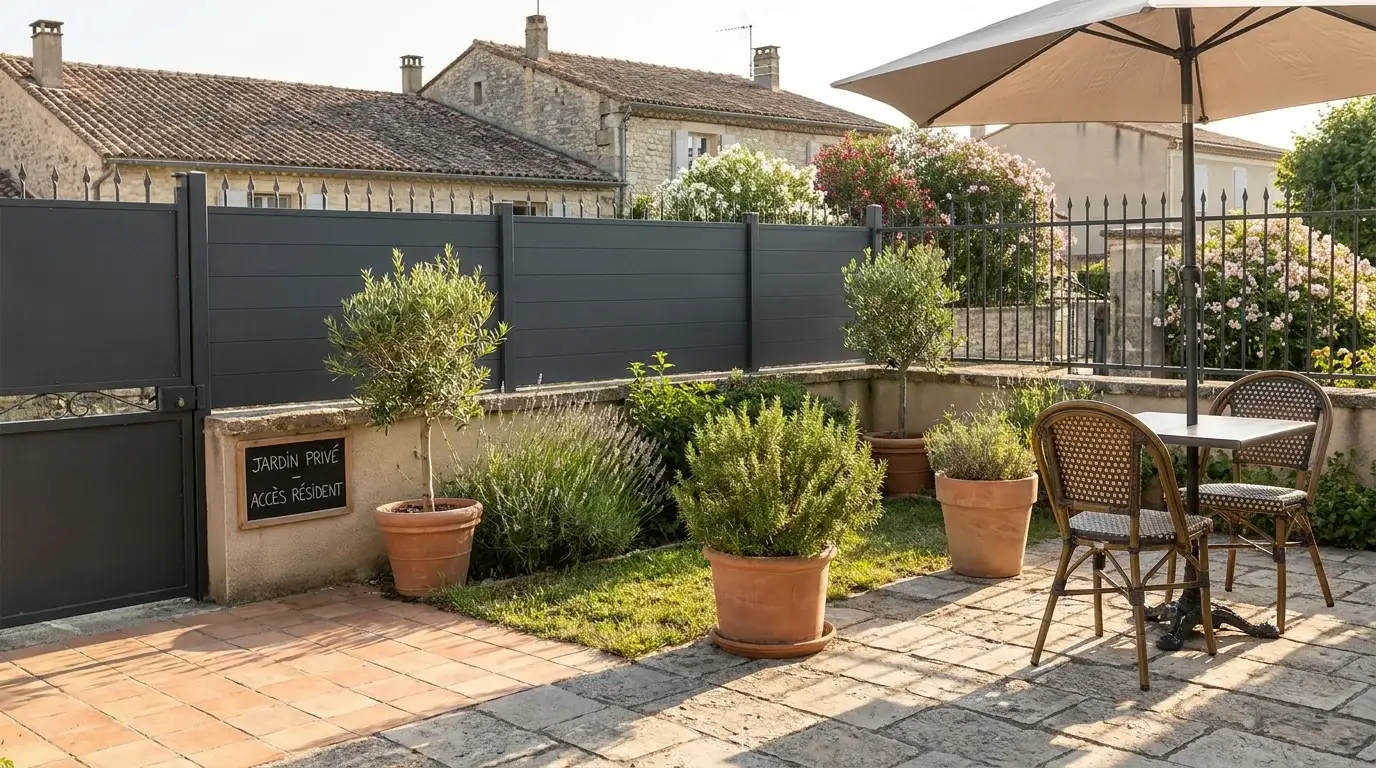 Terrasse avec brise vue composite installé le long d'une clôture métallique dans un jardin résidentiel français