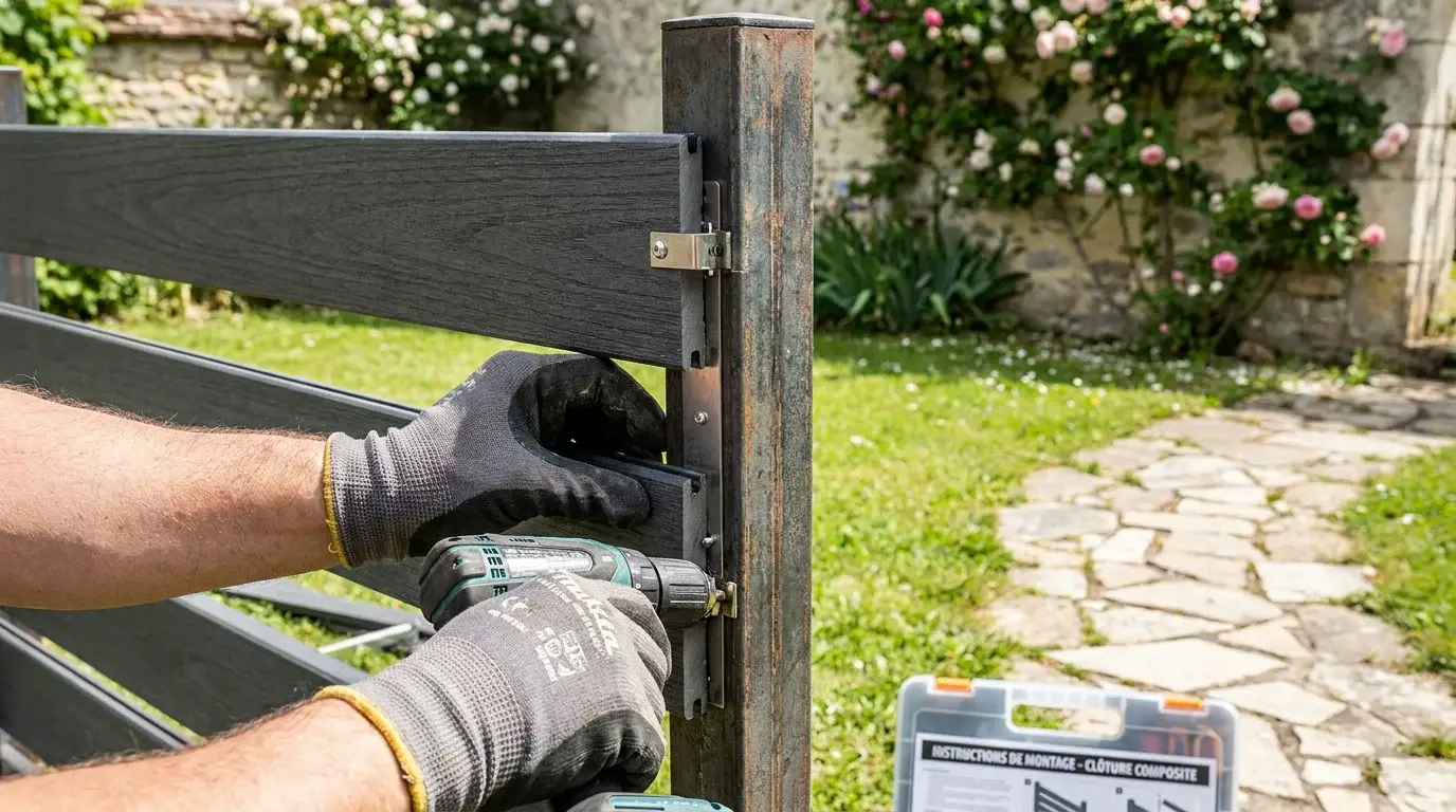 Installation de lames de brise vue composite sur une clôture rigide dans un jardin