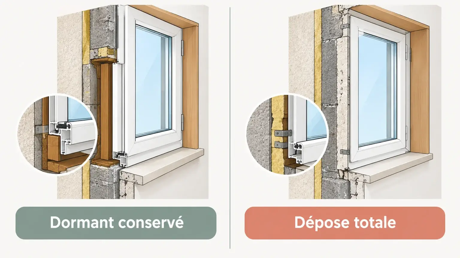 Schéma comparant la conservation du dormant et la dépose totale lors d’une rénovation de fenêtre