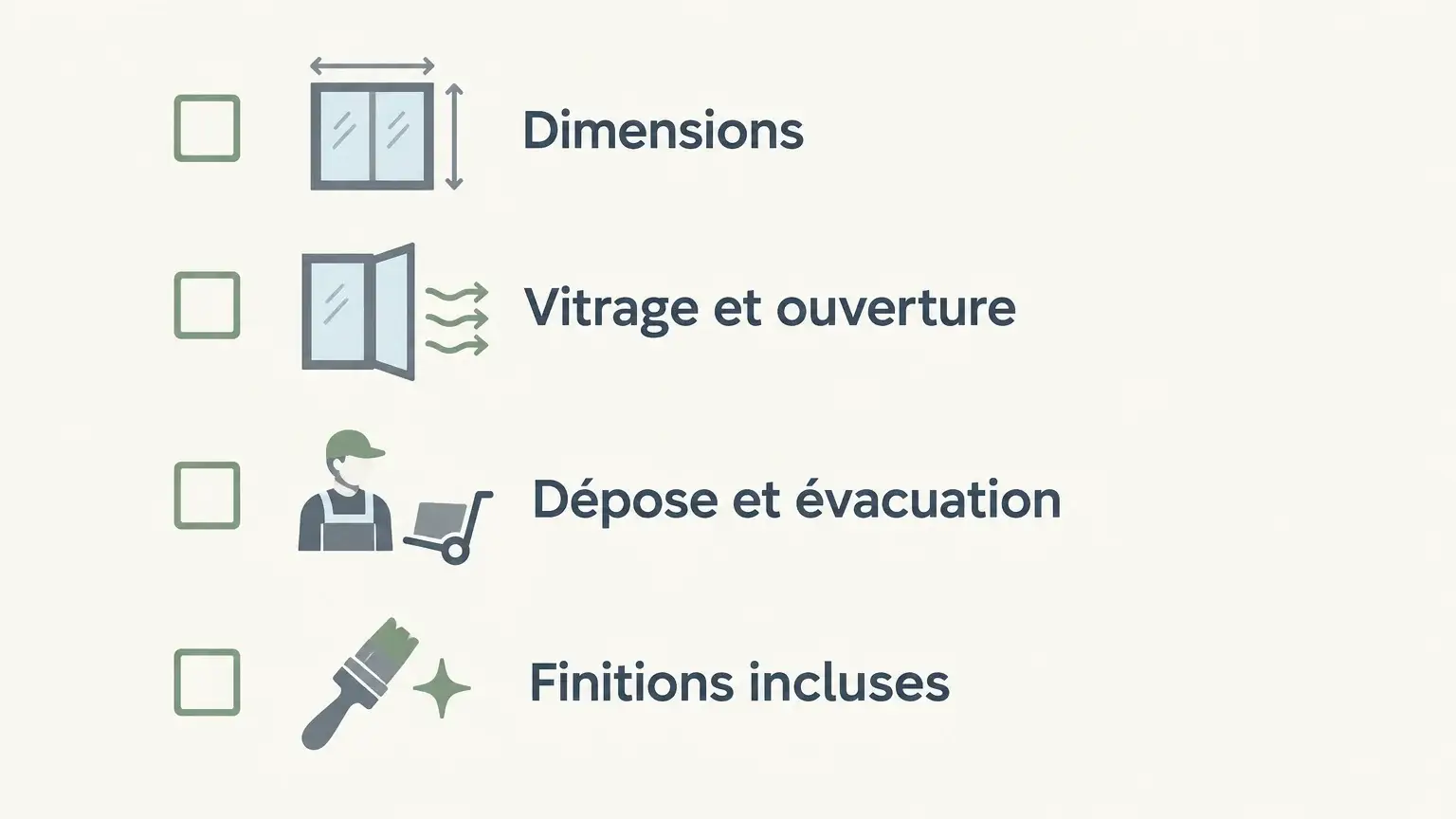 Liste des quatre postes à comparer dans un devis de fenêtre PVC en rénovation