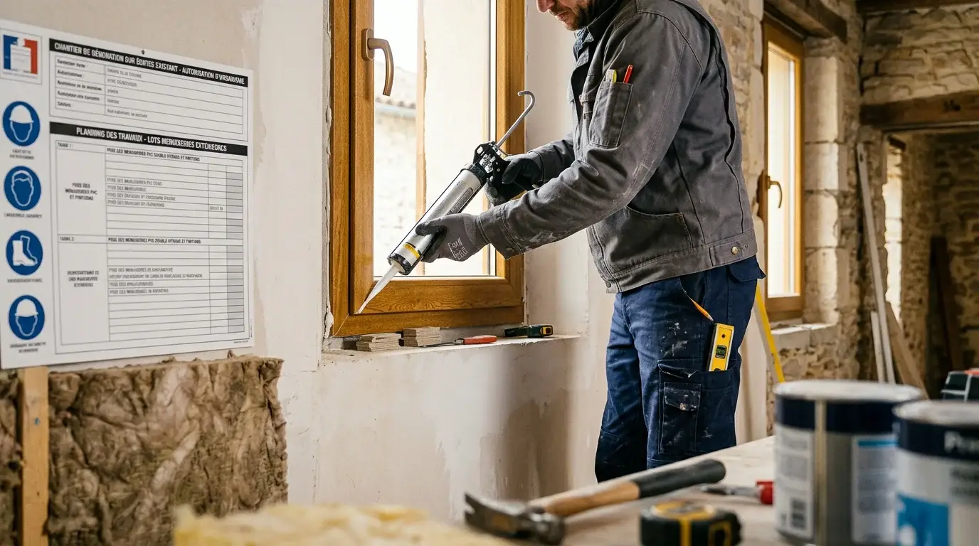 Pose professionnelle d'une fenêtre PVC chêne doré en rénovation