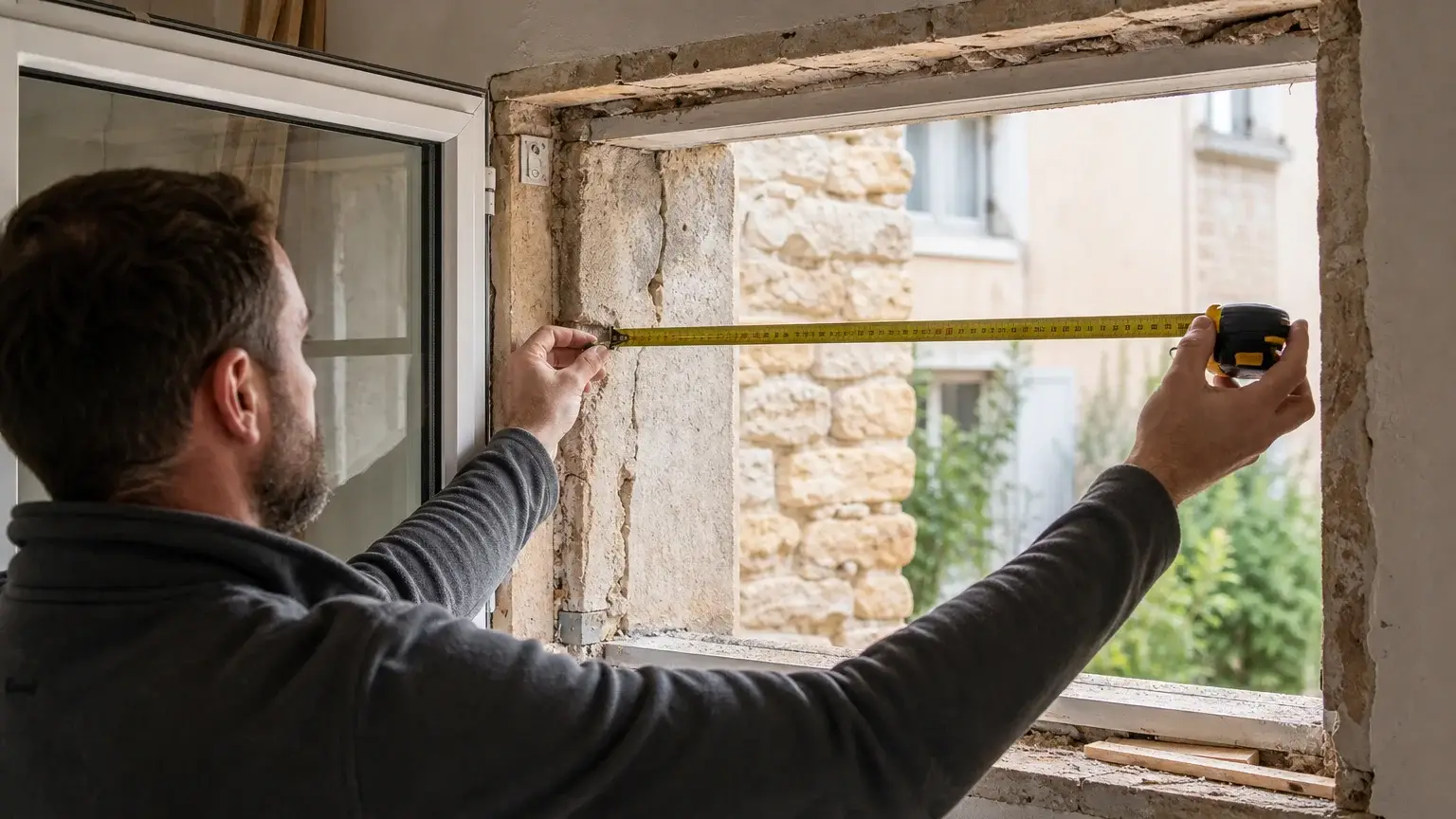 Un artisan mesure une ouverture de fenêtre irrégulière avant la pose d’une menuiserie sur mesure