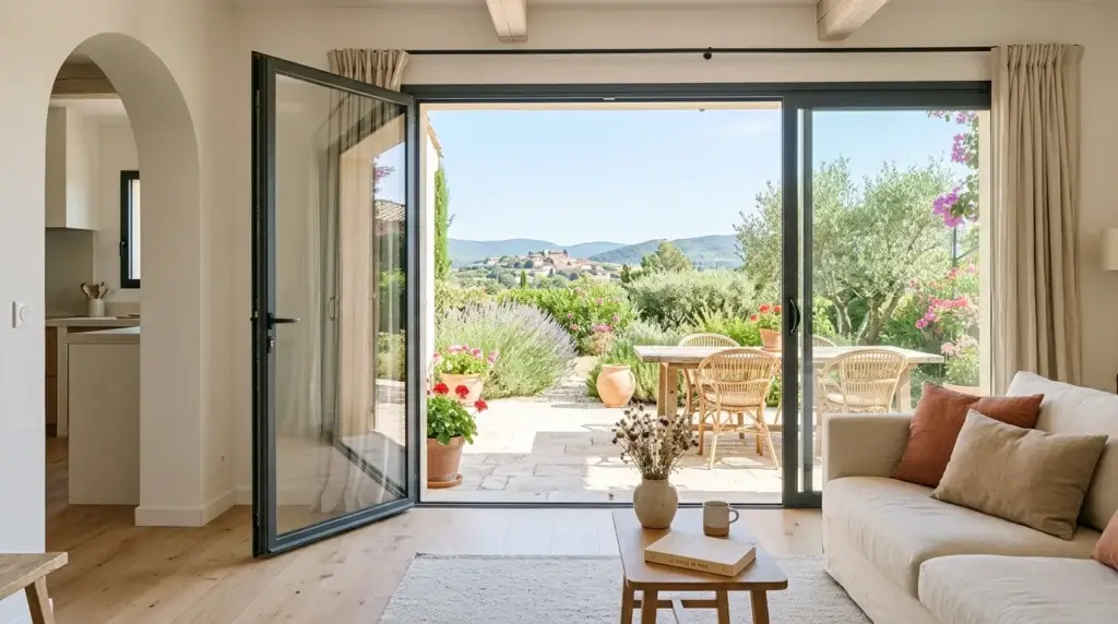 Porte-fenêtre double vitrage moderne ouverte sur une terrasse dans un salon lumineux