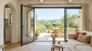 Porte-fenêtre double vitrage moderne ouverte sur une terrasse dans un salon lumineux