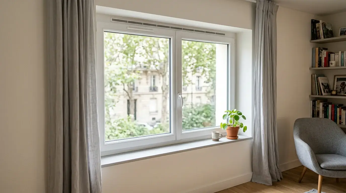 Grille d'aération intégrée en partie haute d'une fenêtre PVC blanche