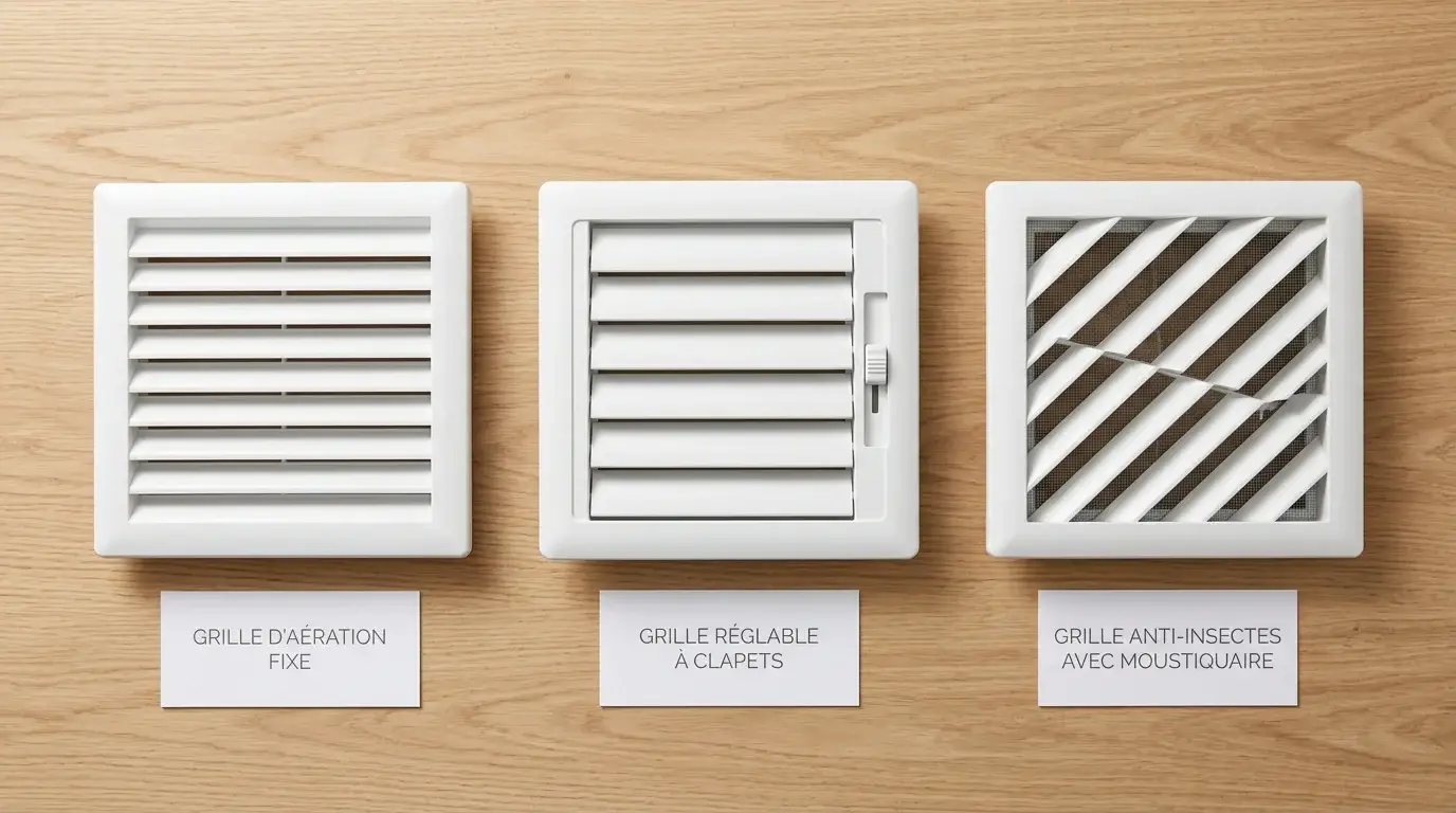 Trois modèles de grilles d'aération pour fenêtre PVC posés sur un établi