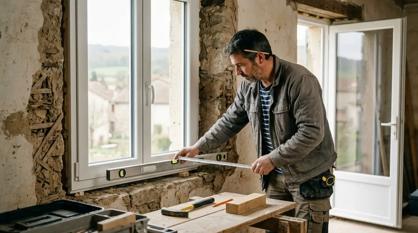 Artisan posant une fenêtre PVC double vitrage en rénovation