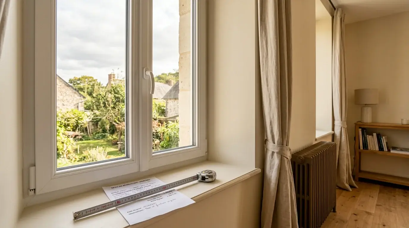 Fenêtre PVC sur mesure installée dans un salon rénové avec un devis posé sur l'appui