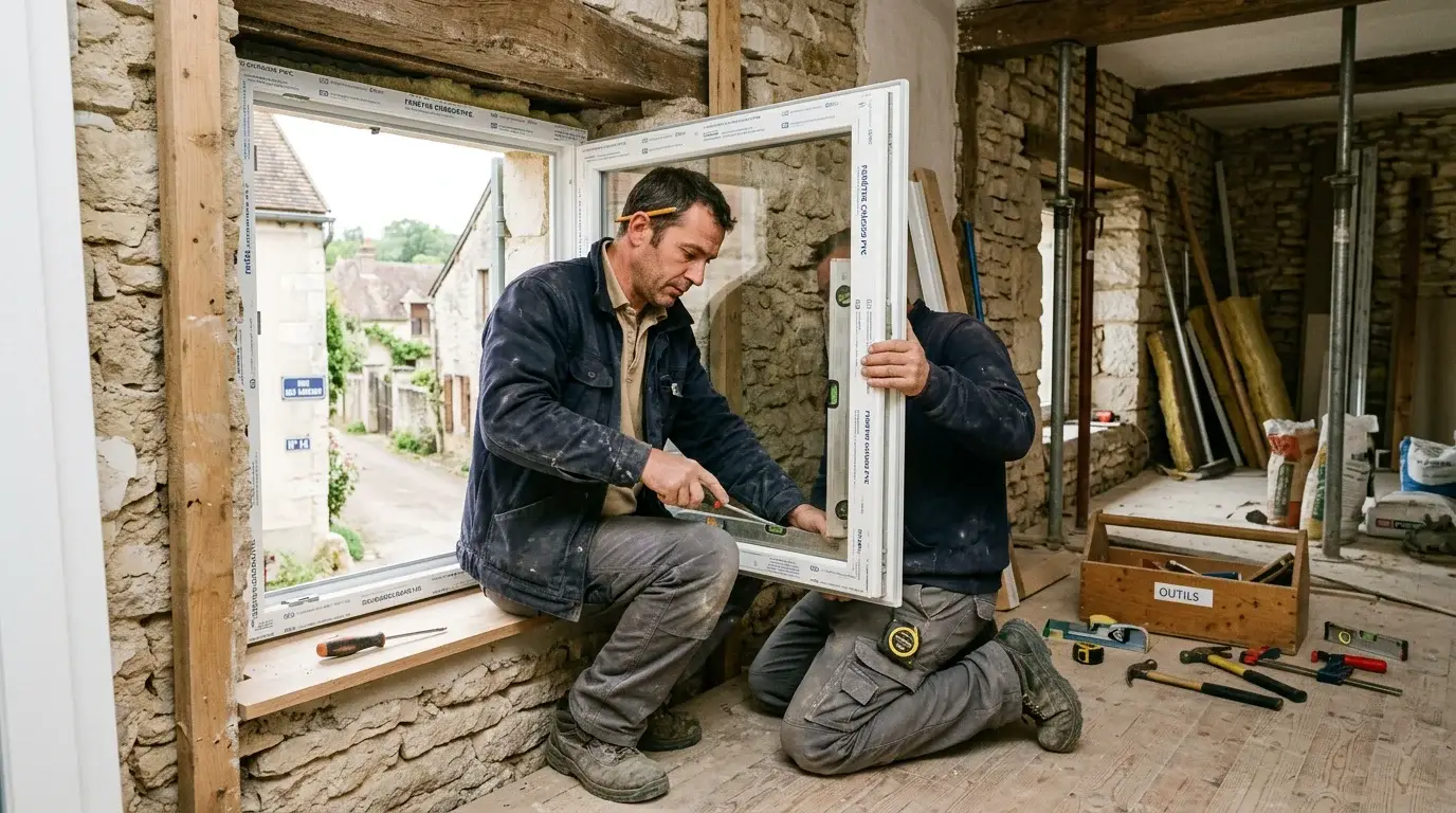 Artisan posant une fenêtre PVC sur mesure dans une maison en rénovation