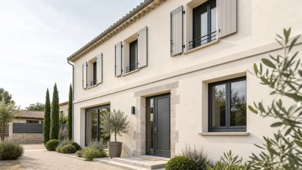 Maison française avec fenêtres porte d’entrée et volets rénovés