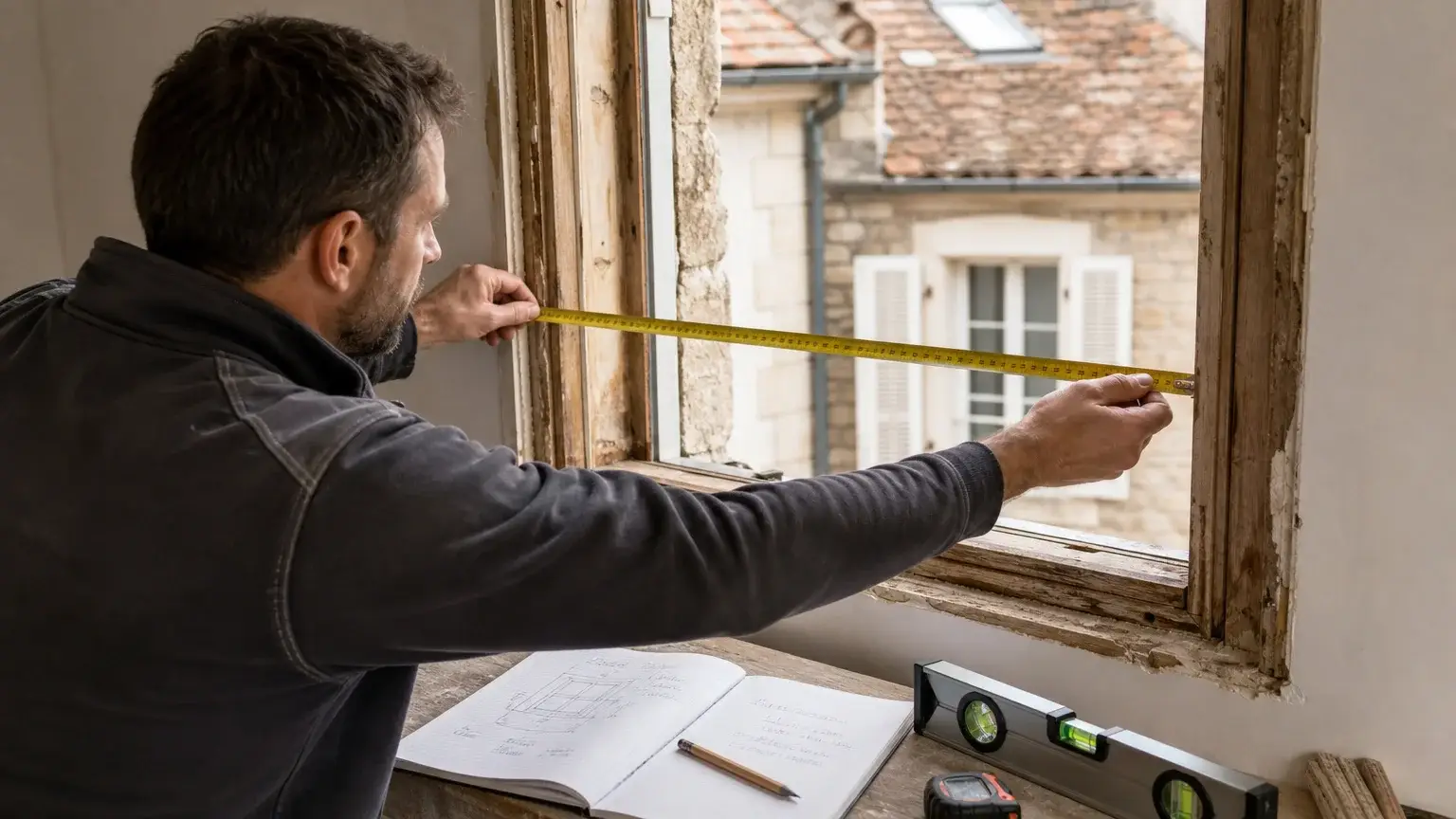 Prise de mesures d’une ancienne fenêtre avant des travaux de menuiserie