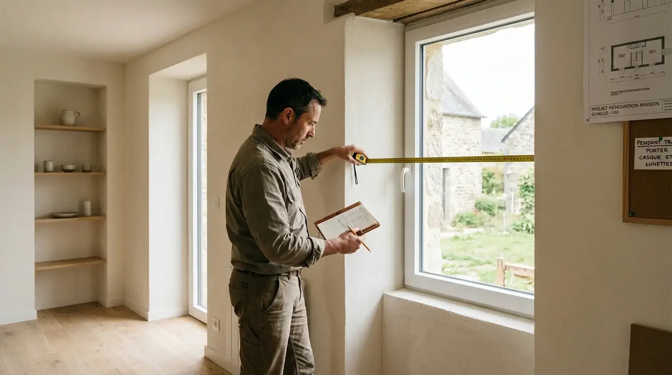 Artisan mesurant une ouverture pour une fenêtre sur mesure en rénovation