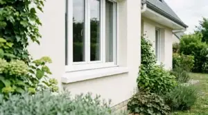 Façade de maison avec fenêtres et appui de fenêtre PVC blancs