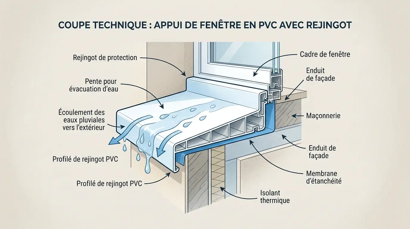 Schéma en coupe d'un appui de fenêtre PVC avec pente et rejingot évacuant l'eau