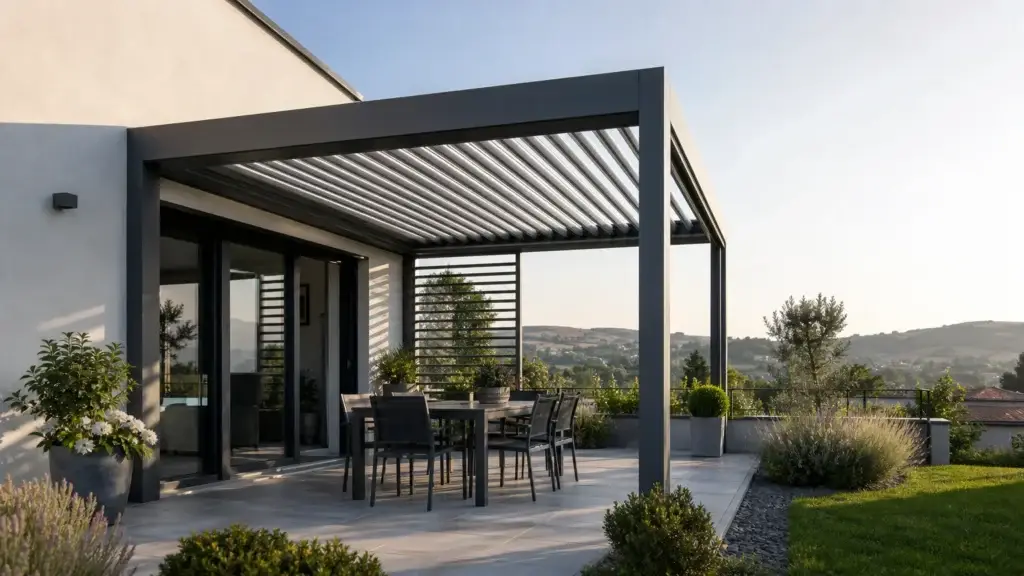Pergola bioclimatique contemporaine sur une terrasse près de Saint-Étienne