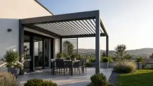 Pergola bioclimatique contemporaine sur une terrasse près de Saint-Étienne
