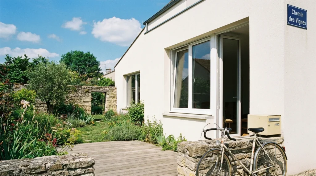 Maison contemporaine avec fenêtres PVC blanches et jardin verdoyant en France
