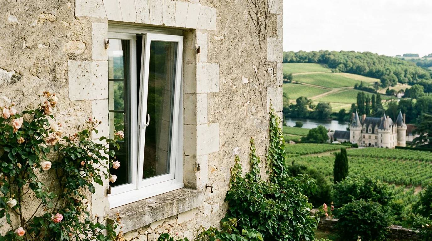 Fenêtre PVC blanche à deux vantaux installée sur une façade en pierre dans la Loire