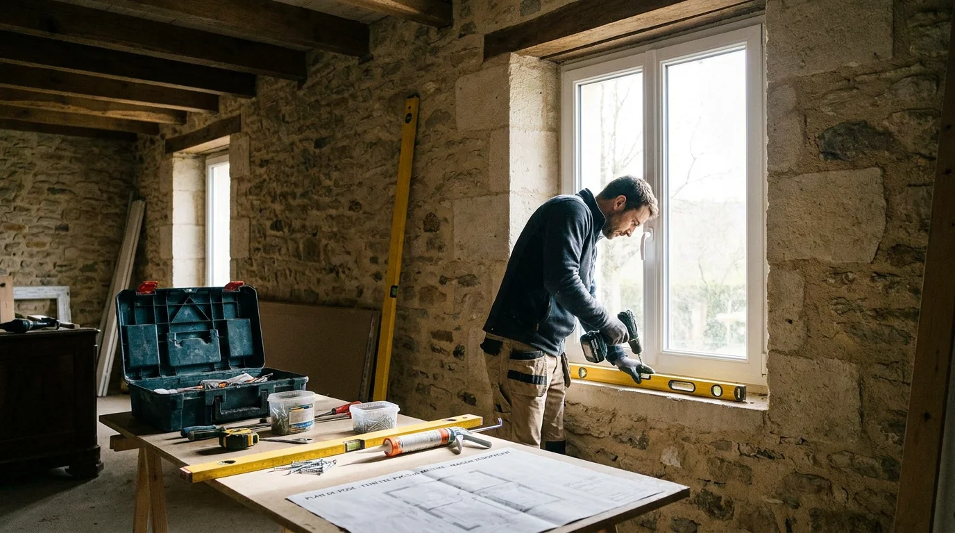 Artisan menuisier posant une fenêtre PVC sur mesure lors d'une rénovation