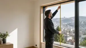 Artisan menuisier préparant un projet de fenêtres dans une maison à Saint-Étienne
